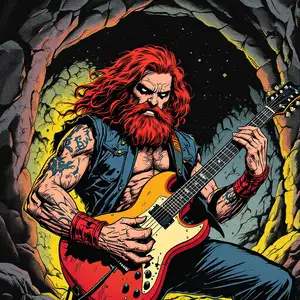 &quot;A man with long red hair and a beard is holding a red guitar. He is wearing a blue vest and blue pants. There are tattoos on his arms. There is a rock wall behind him. &quot; - 🤖